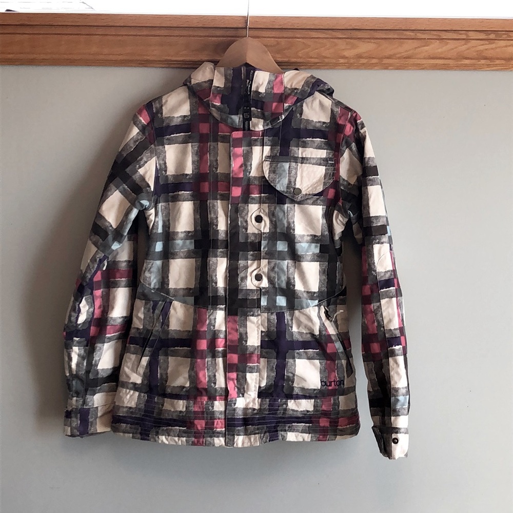 Burton Snowboard white purple plaid hooded METHOD jacket Coat SKi Winter S